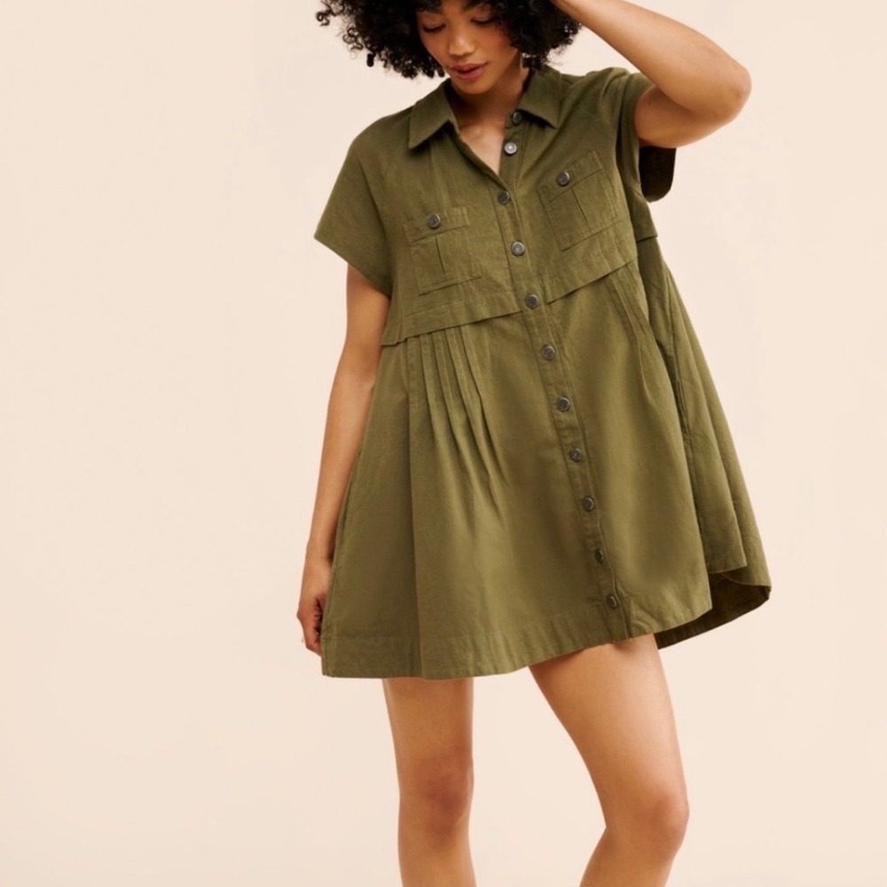 Free People Cotton Ronnie Short Sleeve Olive Green Button Down Dress Size Medium
